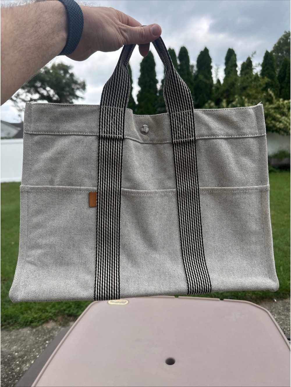 Hermes Fourre Tout MM Tote Grey Black Toile Canvas France